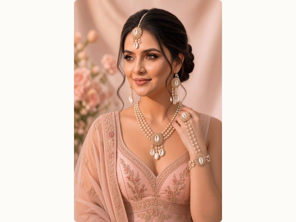 White cowrie shells in round cream beadwork on a layered necklace, long drop earrings, maang tikka and haathphool