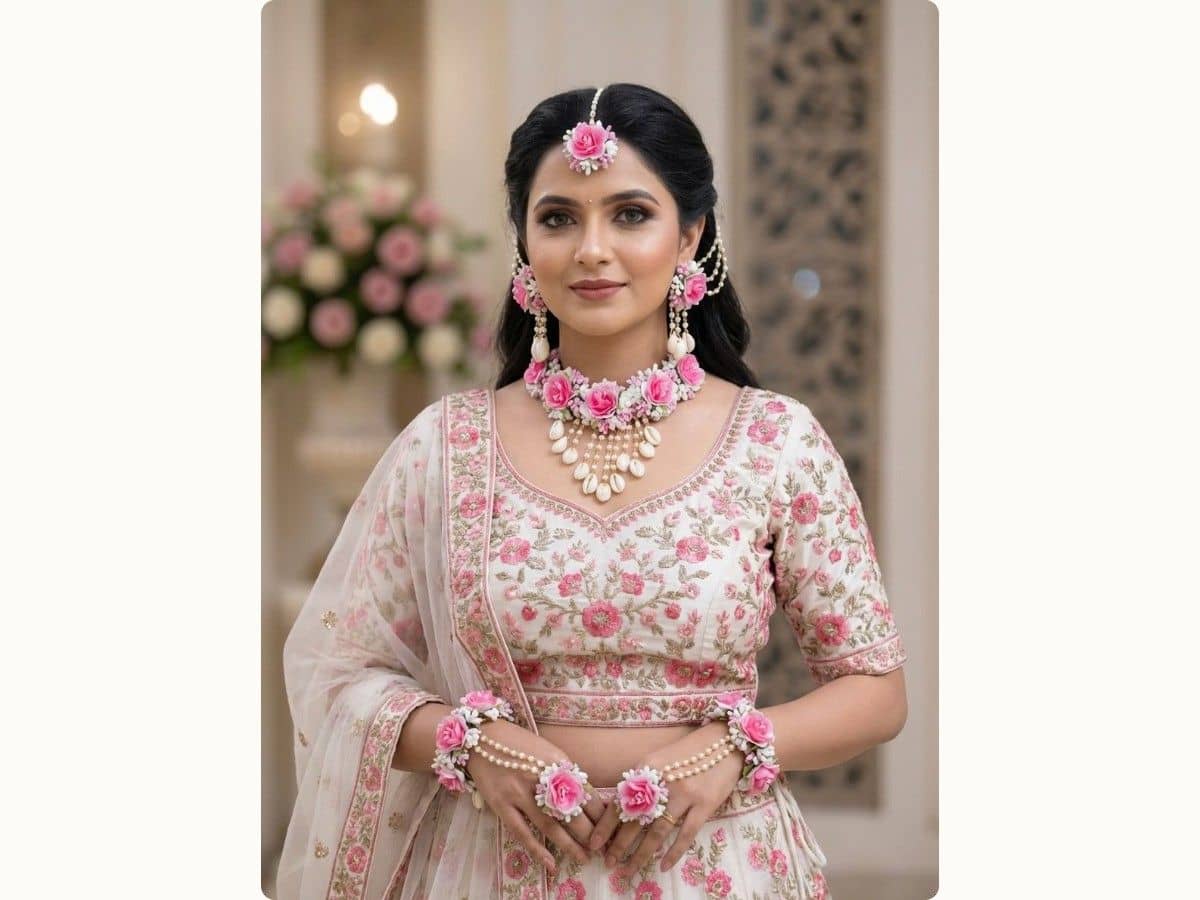 Pink roses framed by small white artificial flowers, with white shell-shaped drops below the choker and earrings, and a haathphool on each hand
