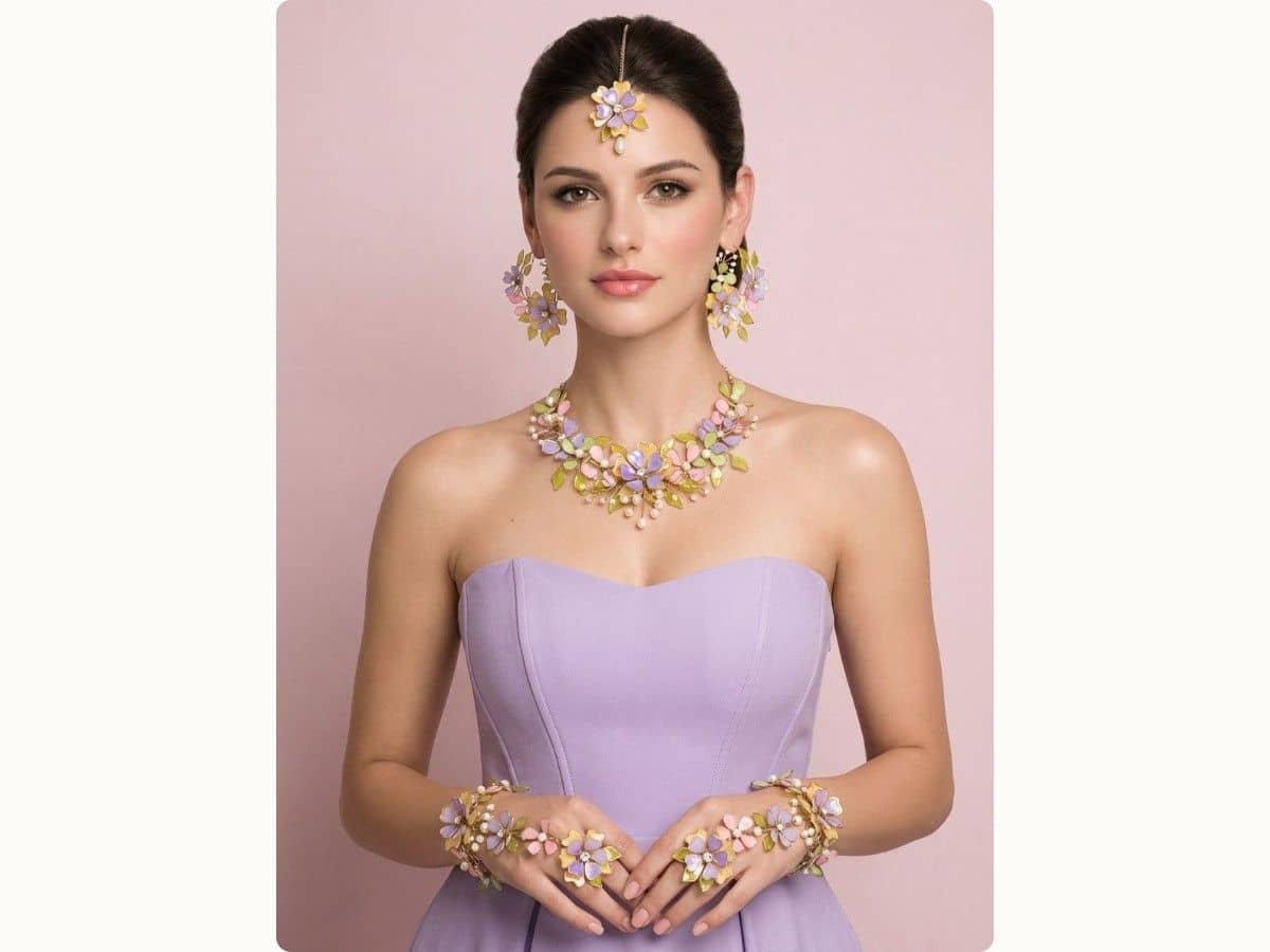 Lavender and pink resin flowers with yellow-green leaves and pearl-style beads on a necklace, earrings, maang tikka and two haathphool