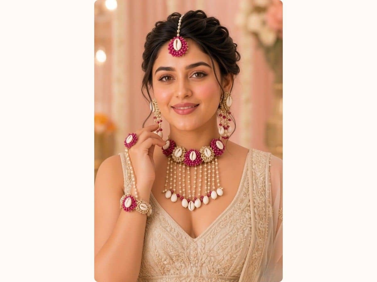 White shells framed in deep pink beads on a choker with a fringe of bead strands and shell drops