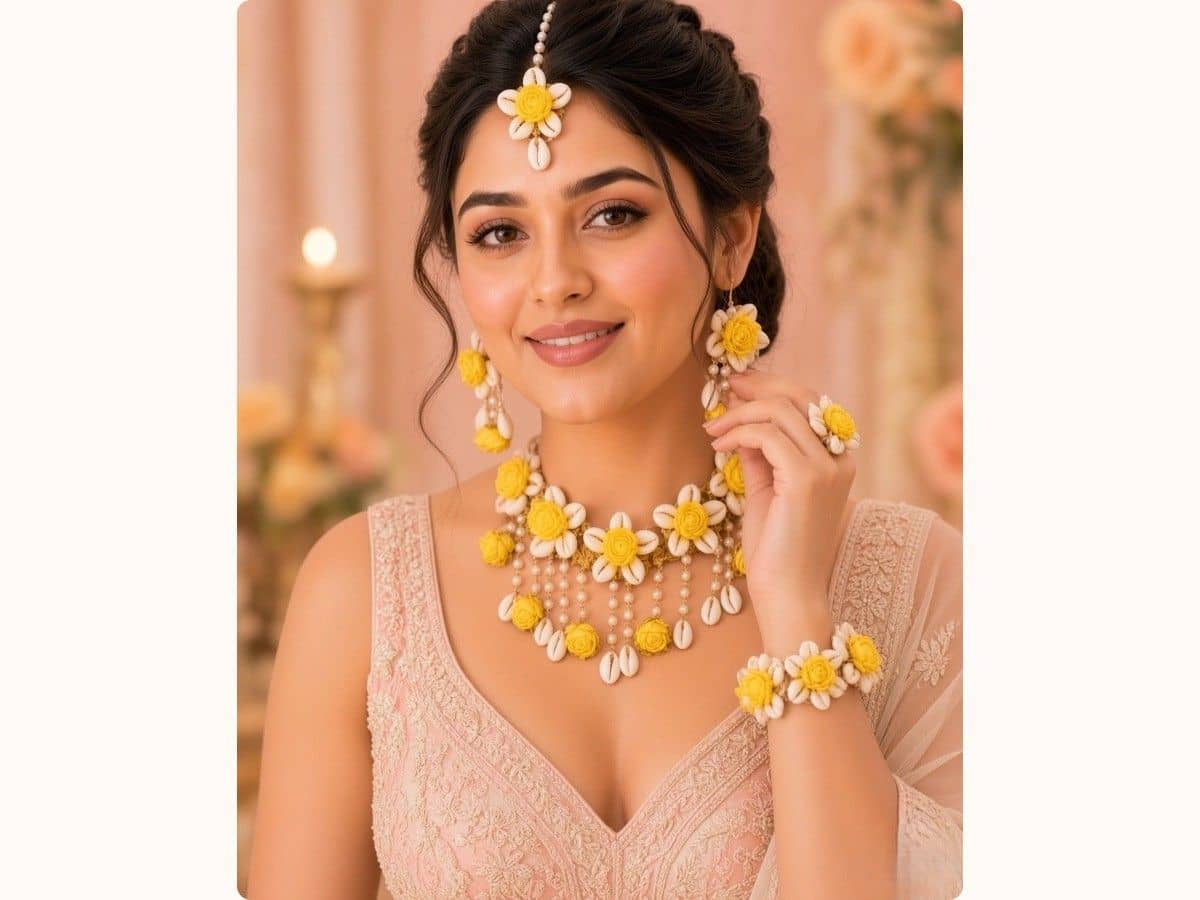 A bride in a pale pink embroidered blouse wearing a yellow flower and white cowrie shell set: maang tikka, drop earrings with pearls, necklace, ring and bracelet