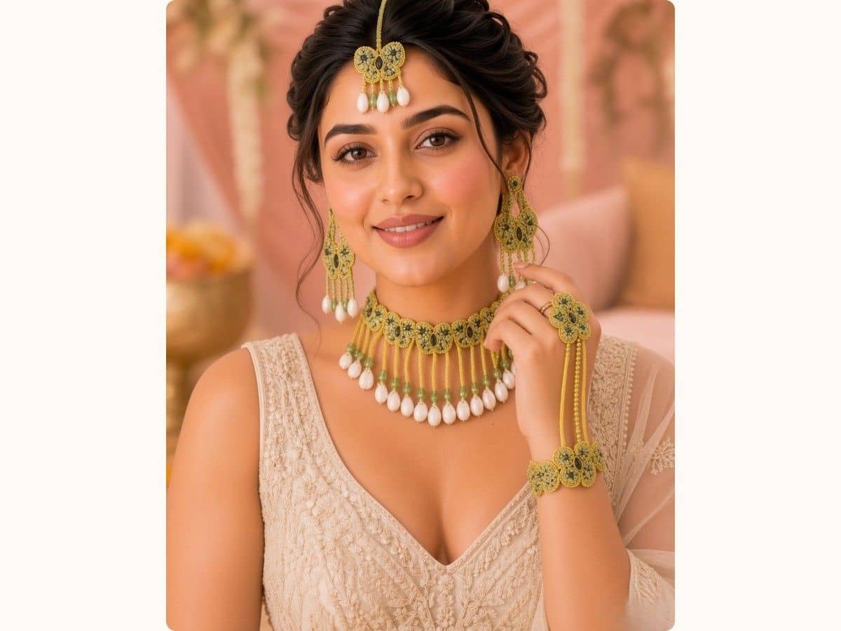 A bride in a cream outfit wearing a green beaded thread set with white pearl drops: maang tikka, long earrings, choker and haathphool