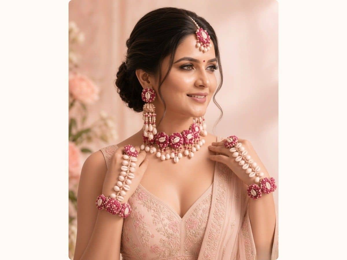 A bride in pale pink wearing pink beaded flowers with cowrie shells and pearls: maang tikka, long earrings, choker and haathphool on both hands