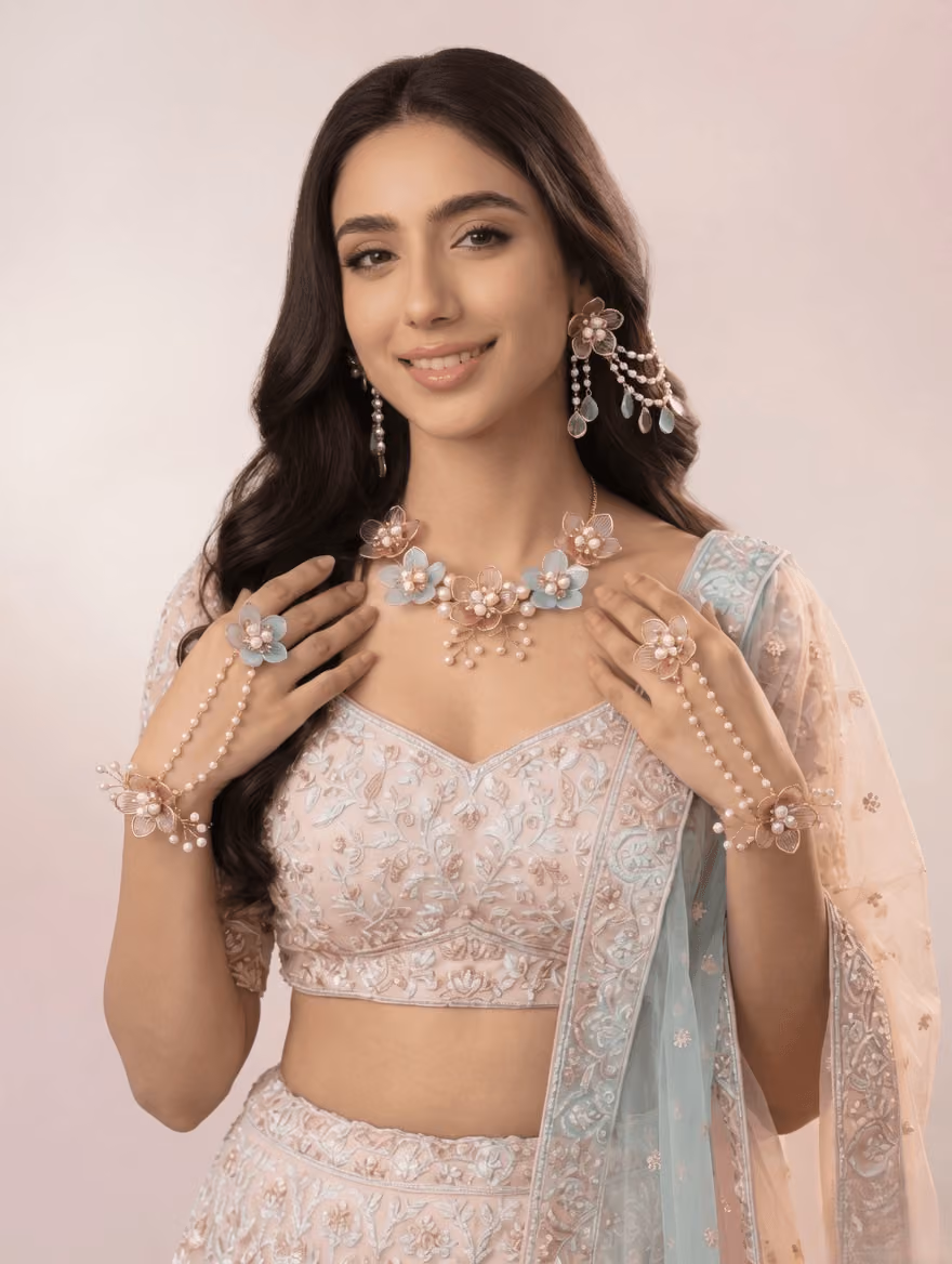 Bloom Fusion: Powder Blue & Pink Floral Adornments for Haldi-Mehndi