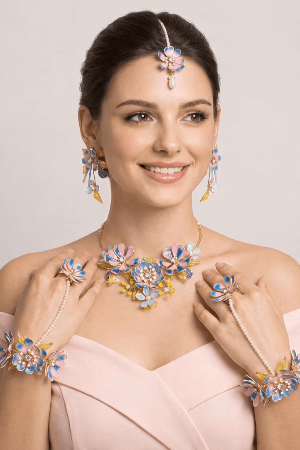 Floral Romance: Resin and Beaded Bridal Jewellery in Pink-Teal
